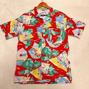 Fast Breakers Mens Vintage SS Button Shirt Sz.L/Red/Floral/Beach Print Hawaiian